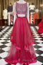 Red Round Neck Sequin Two Pieces Long Formal Prom Dresses, Formal Dresses