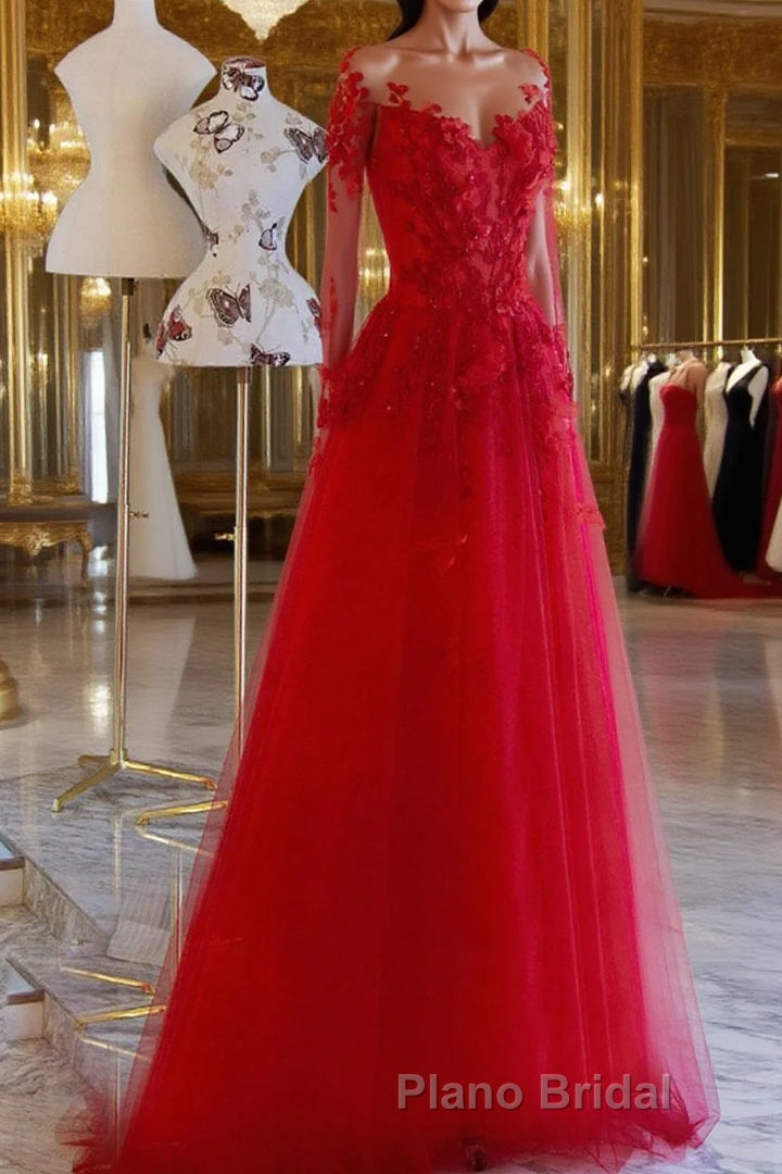 Red round neck tulle lace long Formal Prom dress, red evening dress