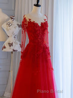 Red round neck tulle lace long Formal Prom dress, red evening dress