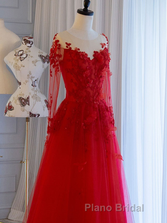 Red round neck tulle lace long Formal Prom dress, red evening dress