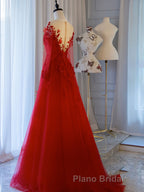 Red round neck tulle lace long Formal Prom dress, red evening dress