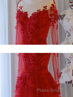 Red round neck tulle lace long Formal Prom dress, red evening dress