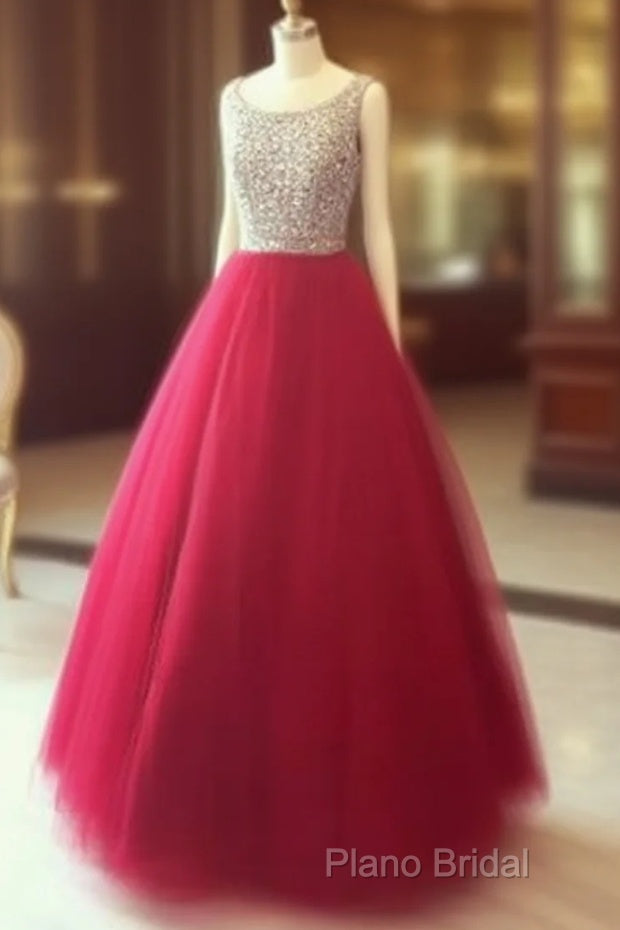 Red Round Neck Tulle Rhinestones Long Formal Prom Dresses, Red Formal Dresses Main image
