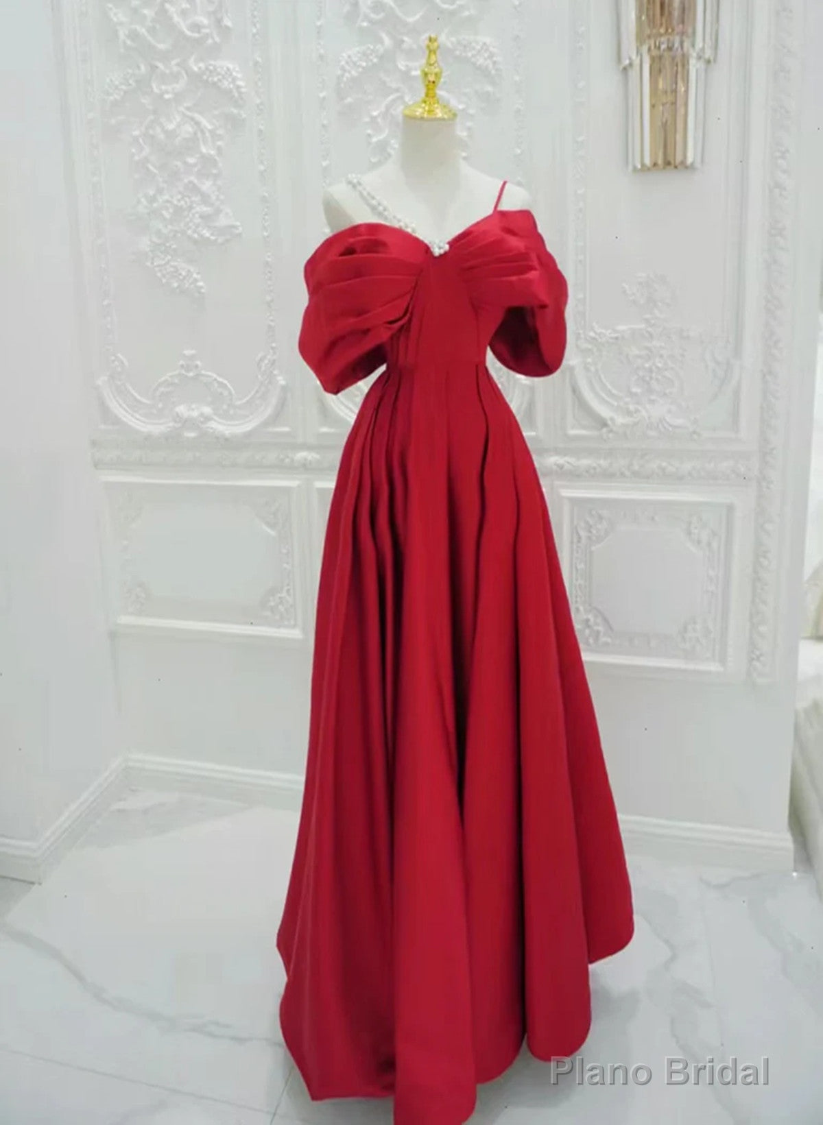 Red Satin A-line Straps Long Evening Dress, Red Long Party Dress Main image