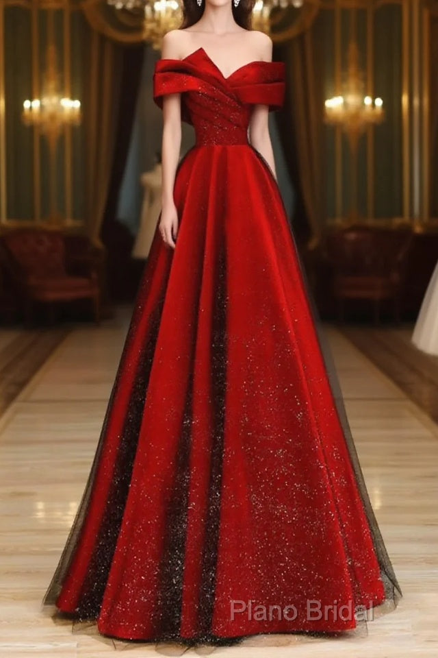 Red Satin And Black Tulle A-Line Off Shoulder Party Dresses, Simple A-Line Formal Prom Dresses Main image