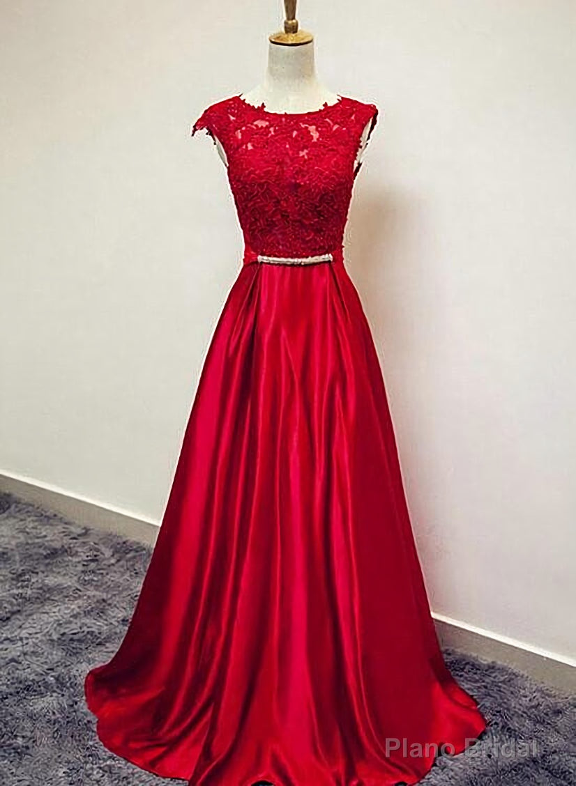 Red Satin and Lace Round Neckline Evening Gown, A-line Formal Gown Secondary image
