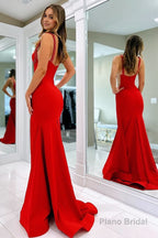 Red Satin Beaded Mermaid Prom Dress With Split