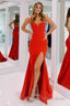 Red Satin Beaded Mermaid Prom Dress With Split