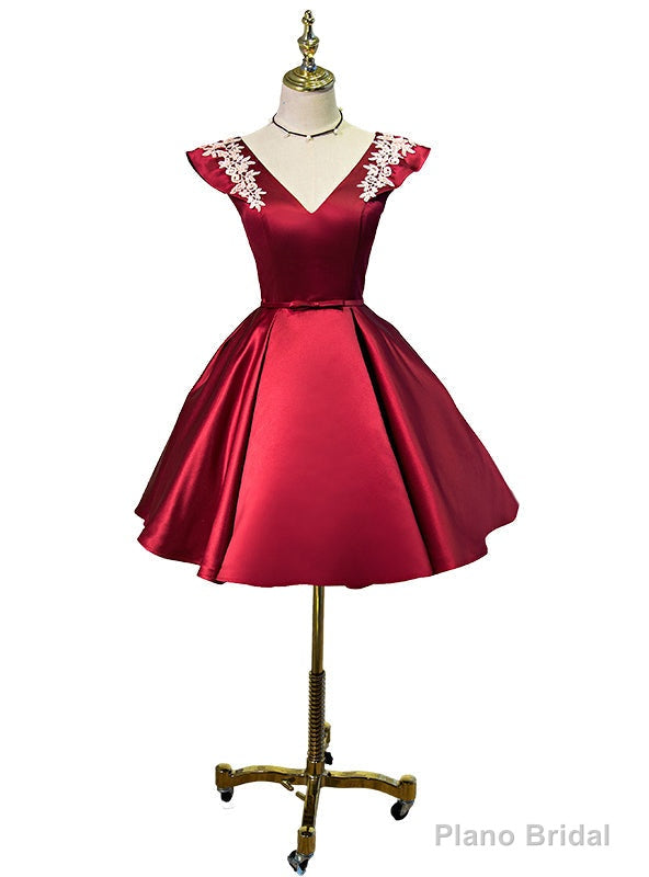 Red Satin Cap Sleeve V-neck Homecoming Dresses Main image