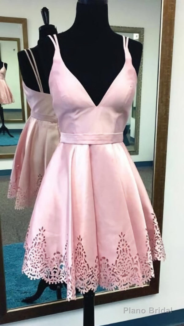 Red Satin Deep V-Neck A-Line Hollow Short Homecoming Dress,Graduation Dresses Main image