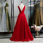 Red Satin Deep V-neckline Prom Gown, Red Floor Length Evening Gown