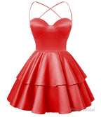 Red Satin Homecoming Dress Sweetheart Neck Tiered Short Graduation Dresses