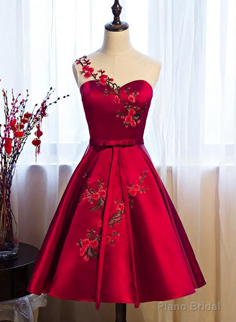 Red Satin Knee Length Party Dress, Cute Bridesmaid Dress Main image