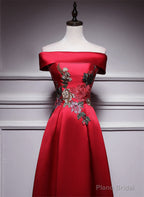 Red Satin Long A-line Prom Dress Off Shoulder Party Dress, Red Bridesmaid Dress