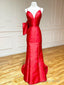 Red Satin Mermaid V Neck Long Prom Dress With Bow Tie