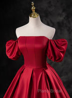 Red Satin Off Shoulder Long Simple A-Line Wedding Party Dresses, Red Long Formal Dresses