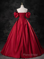 Red Satin Off Shoulder Long Simple A-Line Wedding Party Dresses, Red Long Formal Dresses