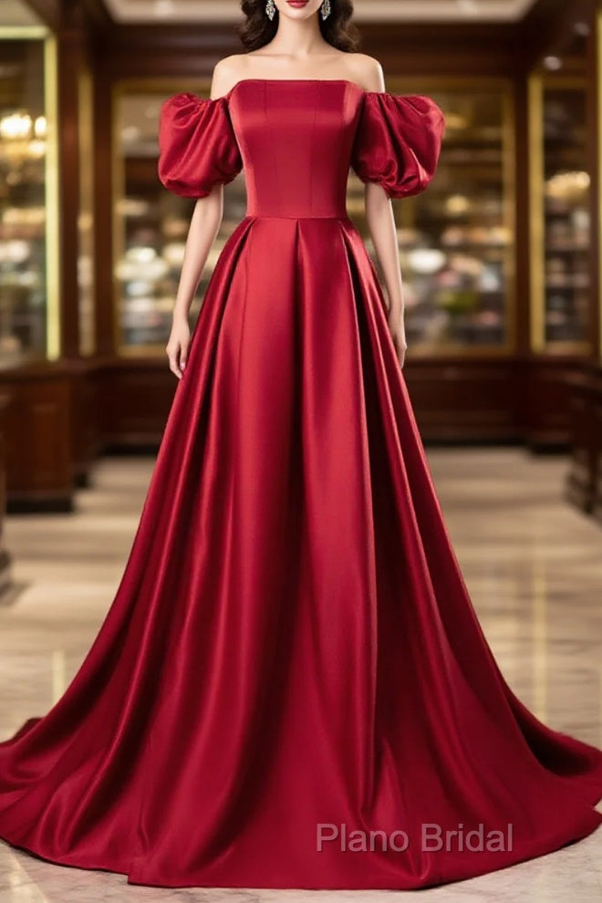 Red Satin Off Shoulder Long Simple A-Line Wedding Party Dresses, Red Long Formal Dresses Main image