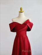 Red Satin Off Shoulder Sweetheart Long Party Dresses, Red Satin Formal Prom Dresses