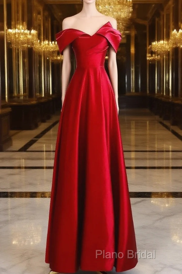 Red Satin Off Shoulder Sweetheart Long Party Dresses, Red Satin Formal Prom Dresses Main image