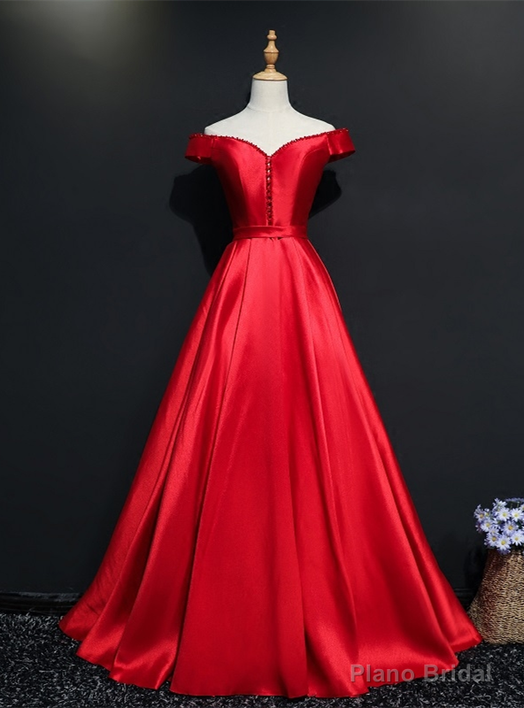 Red Satin Off the Shoulder Beading Prom Dress Main image
