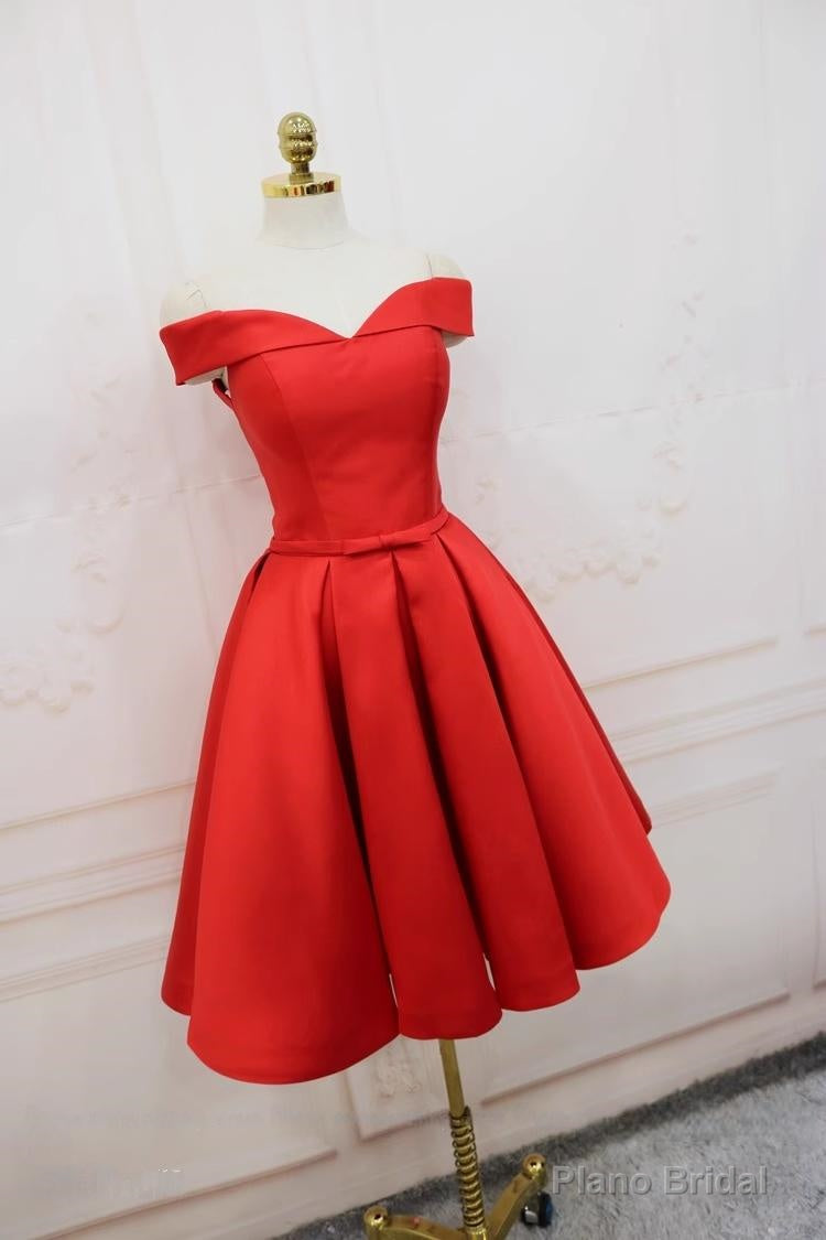 Red Satin Off the Shoulder Pleats Homecoming Dress Main image