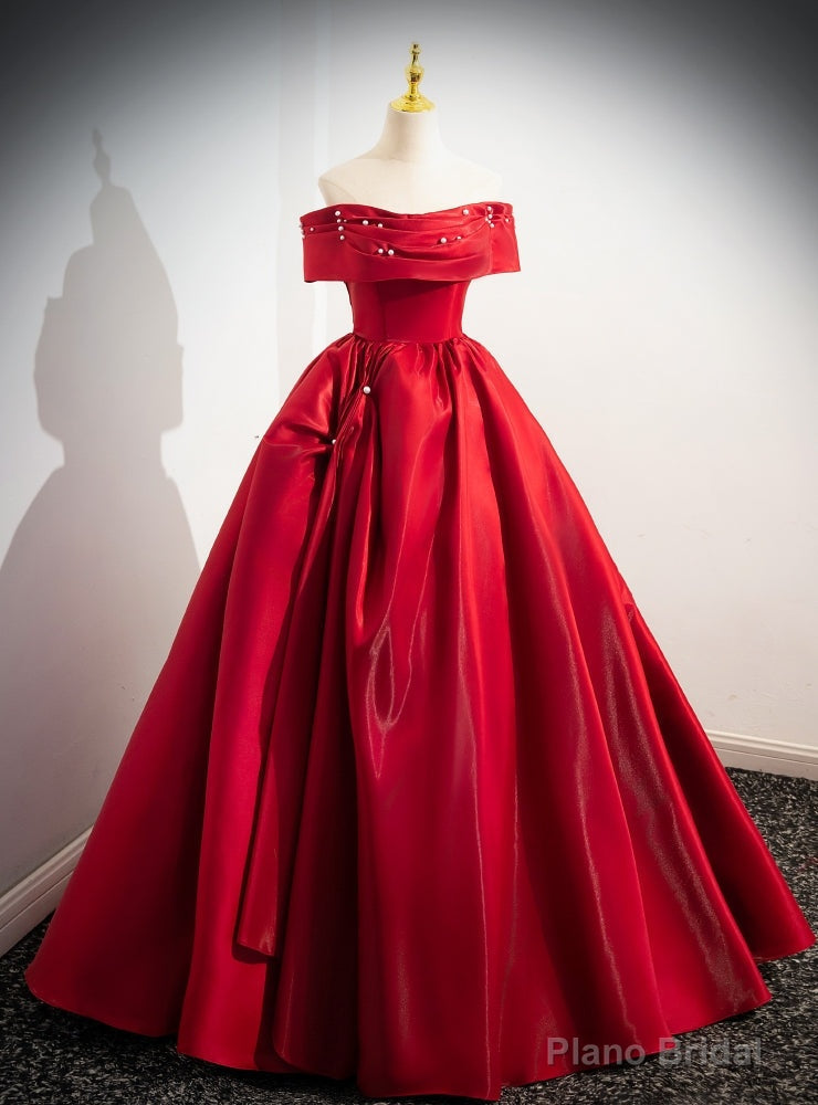 Red Satin Off the Shoulder Pleats Pearls Prom Dress Main image