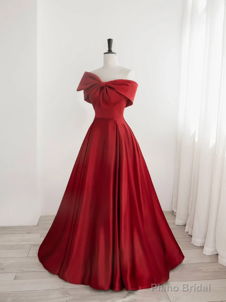Red Satin One Shoulder Long Party Dress with Bow Red Off Shoulder Prom Dress prom dresses shops Main image