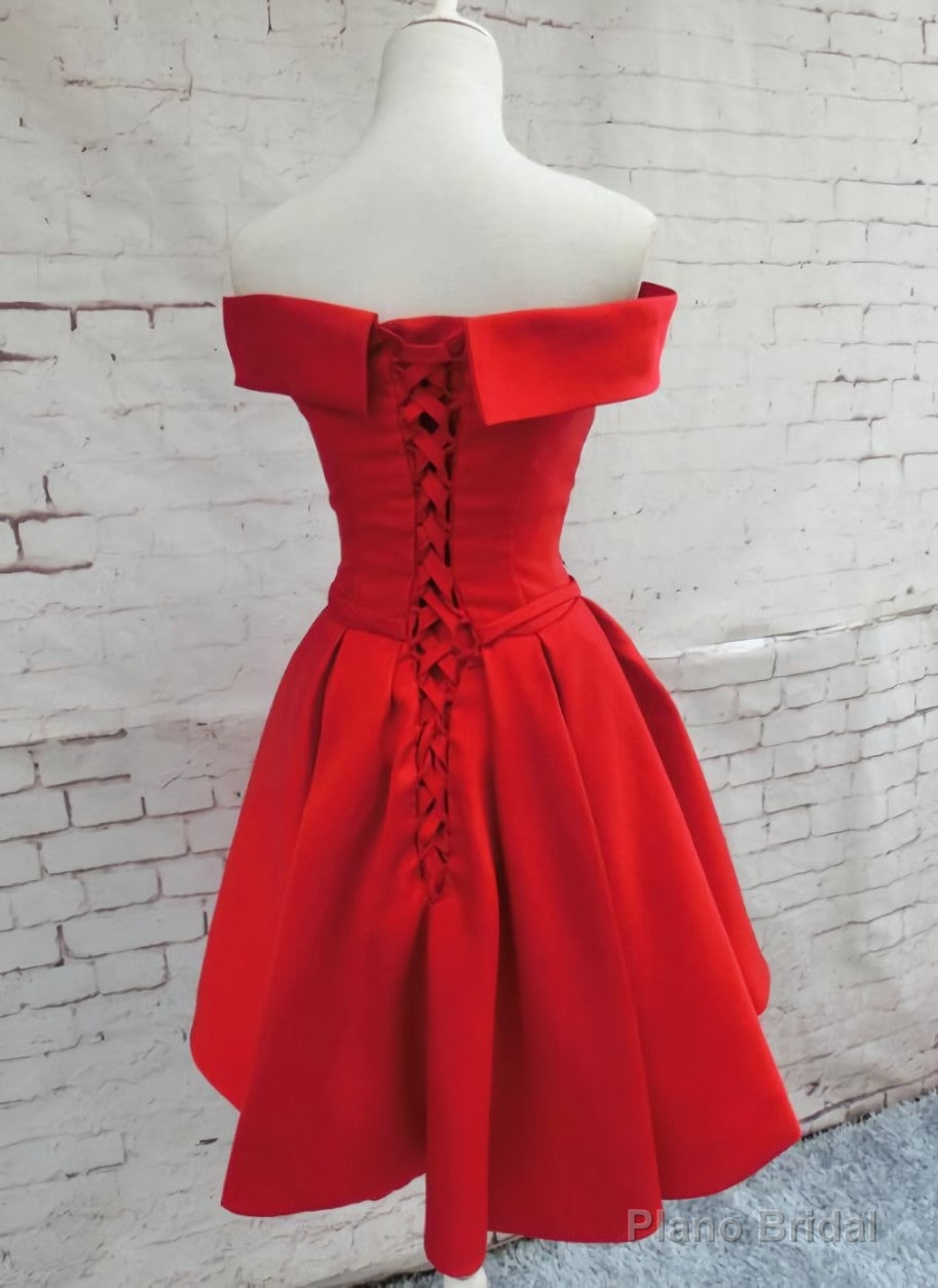 Red Satin Short Party Dress, Red Off Shoulder Homecoming Dress Secondary image
