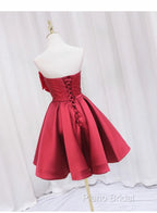 Red Satin Short Formal Prom Dresses Party Dresses, Lovely Red Knee Length Homecoming Dresses