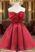 Red Satin Short Formal Prom Dresses Party Dresses, Lovely Red Knee Length Homecoming Dresses