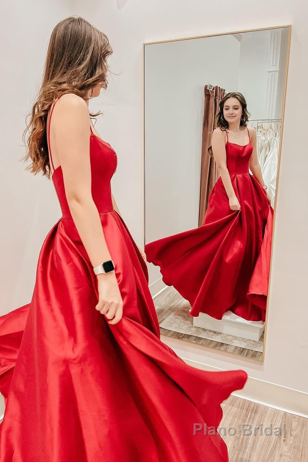Red Satin Spaghetti Straps A-Line Prom Dress Secondary image