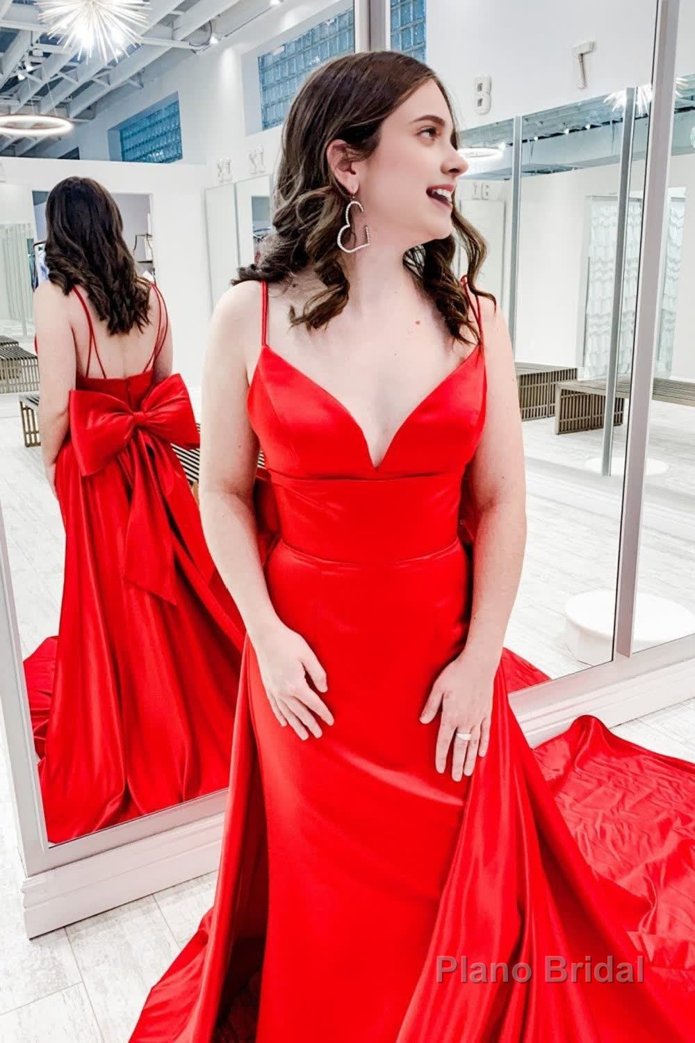 Red Satin Spaghetti Straps Prom Dress with Bow Main image