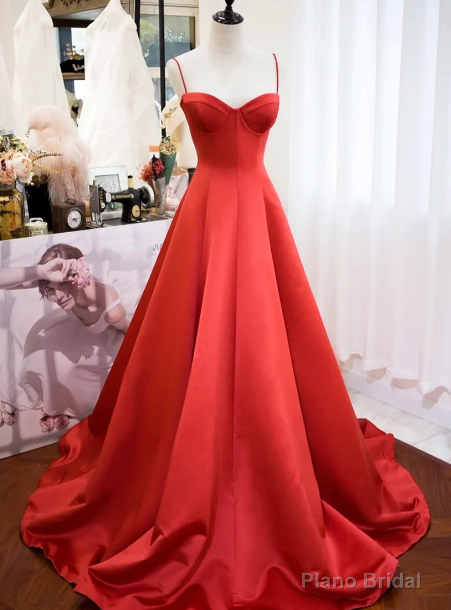 Red Satin Spaghetti Straps Prom Dress Main image
