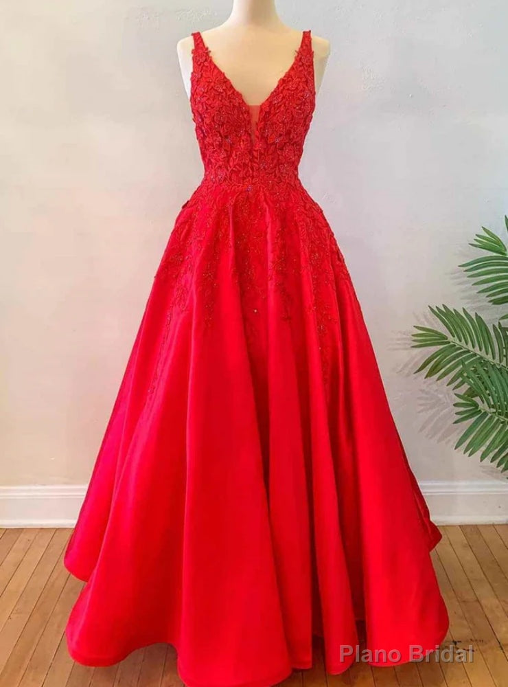 Red Satin V-neck Appliques Prom Dress Main image