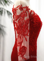 Red Satin With Lace Round Neckline Party Dresses, Red Satin Formal Dresses