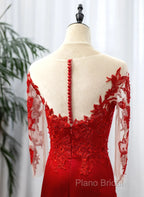 Red Satin With Lace Round Neckline Party Dresses, Red Satin Formal Dresses