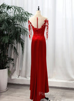 Red Satin With Lace Round Neckline Party Dresses, Red Satin Formal Dresses