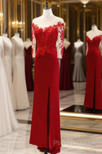 Red Satin With Lace Round Neckline Party Dresses, Red Satin Formal Dresses