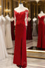 Red Satin With Lace Round Neckline Party Dresses, Red Satin Formal Dresses