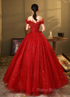 Red Scoop Ball Gown Shiny Tulle Off Shoulder Party Dresses, Red Sweet 16 Dresses Formal Dresses