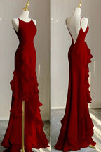 Red Scoop Sleeveless Ruffles Tiered Formal Prom Dresses with Slit
