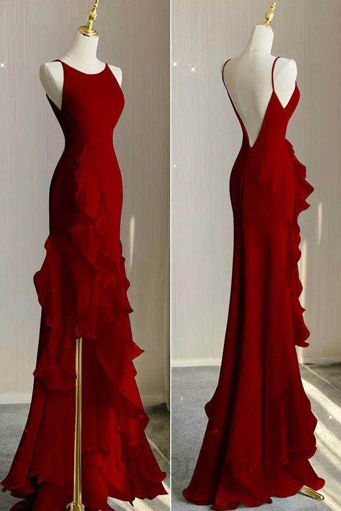 Red Scoop Sleeveless Ruffles Tiered Formal Prom Dresses with Slit