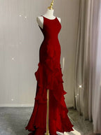 Red Scoop Sleeveless Ruffles Tiered Formal Prom Dresses with Slit