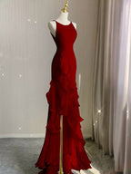 Red Scoop Sleeveless Ruffles Tiered Formal Prom Dresses with Slit