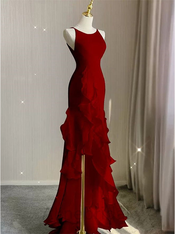 Red Scoop Sleeveless Ruffles Tiered Formal Prom Dresses with Slit