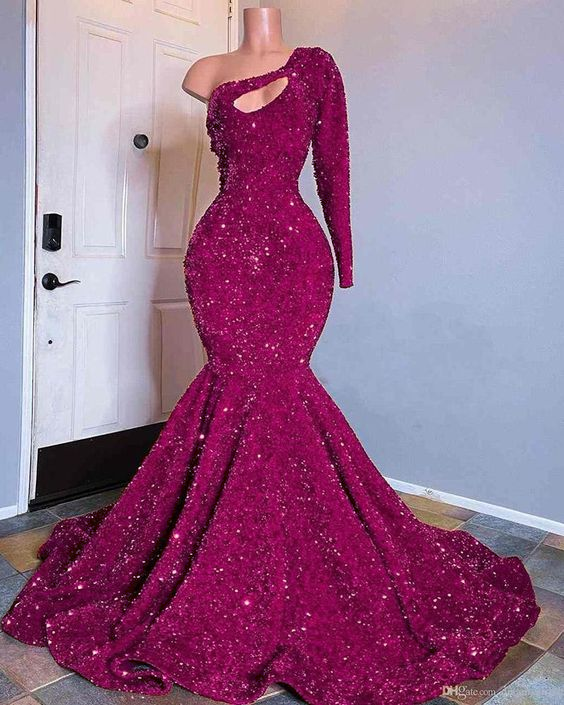 Red Sequined Mermaid Formal Prom Dresses One Shoulder Long Sleeve Sequined Keyhole Formal Prom Gowns Secondary image