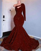 Red Sequined Mermaid Formal Prom Dresses One Shoulder Long Sleeve Sequined Keyhole Formal Prom Gowns