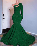 Red Sequined Mermaid Formal Prom Dresses One Shoulder Long Sleeve Sequined Keyhole Formal Prom Gowns