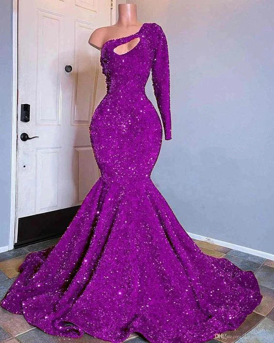 Red Sequined Mermaid Formal Prom Dresses One Shoulder Long Sleeve Sequined Keyhole Formal Prom Gowns
